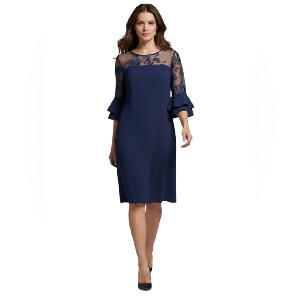Leslie Fay Elegant Navy Knee Length Lace Yoke Ruffle Sleeve Sheath Dress 8